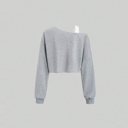 European beauty clothing trendy sports T-shirt autumn and winter irregular cross-neck long-sleeved top