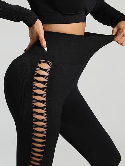 Women's High Waist Cut-Out Yoga Pants, Seamless Tie-Dye Hollow Out Hip Lift Fitness Leggings, Breathable Stretchy Workout Capris, Mature Style