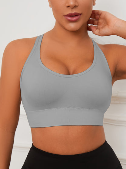 4pcs EssElegance Seamless Sports Bras for Women - Adjustable, Comfortable & Breathable with Crisscross Back Straps, Shockproof Support for Yoga & Workouts in Navy, Beige, Gray, & Green