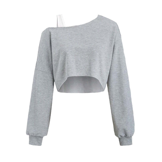 European beauty clothing trendy sports T-shirt autumn and winter irregular cross-neck long-sleeved top
