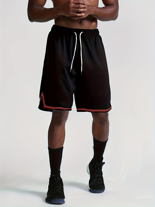 Men's Contrast Color Stripe Pattern Sports Shorts With Drawstring And Pockets, Lightweight And Breathable Shorts For Summer Basketball Running Training And Fitness Wear