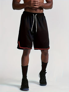 Men's Contrast Color Stripe Pattern Sports Shorts With Drawstring And Pockets, Lightweight And Breathable Shorts For Summer Basketball Running Training And Fitness Wear