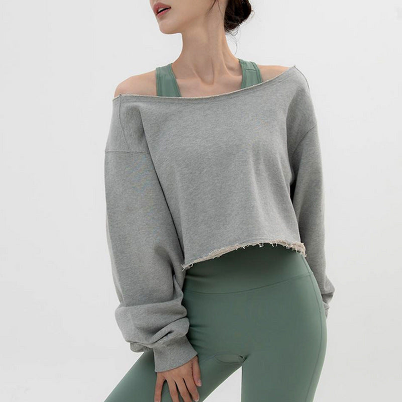 Short Hoodie Unique Design Spring and Autumn Casual One-Shoulder Loose Long Sleeve Sweatshirt Sports Off-the-Shoulder Top
