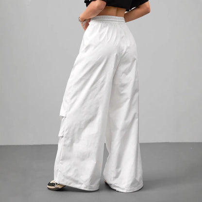 Drawstring Design Wide-Leg Sports Pants Women's Spring Straight Loose High-Waist Slim White Casual Pants