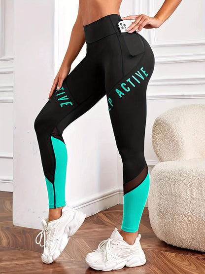 Women's High Waist Pocket Color-block Letter Print Casual Sports Skinny Yoga Leggings, Women's Sportswear & Clothing