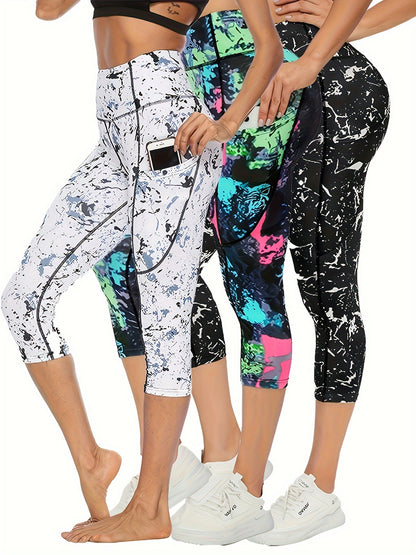 3 Pcs Women's Graffiti Printed Yoga Capris Pants, High Elasticity, Tight Fit, Butt Lifting, Athletic Leggings For Fitness