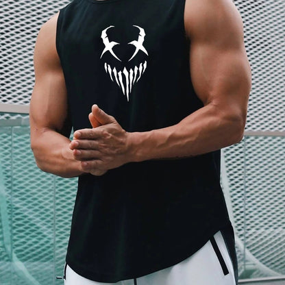 Devil Face Pattern Comfy Breathable Tank Top, Men's Casual Stretch Sleeveless T-shirt For Summer Gym Workout Training Basketball