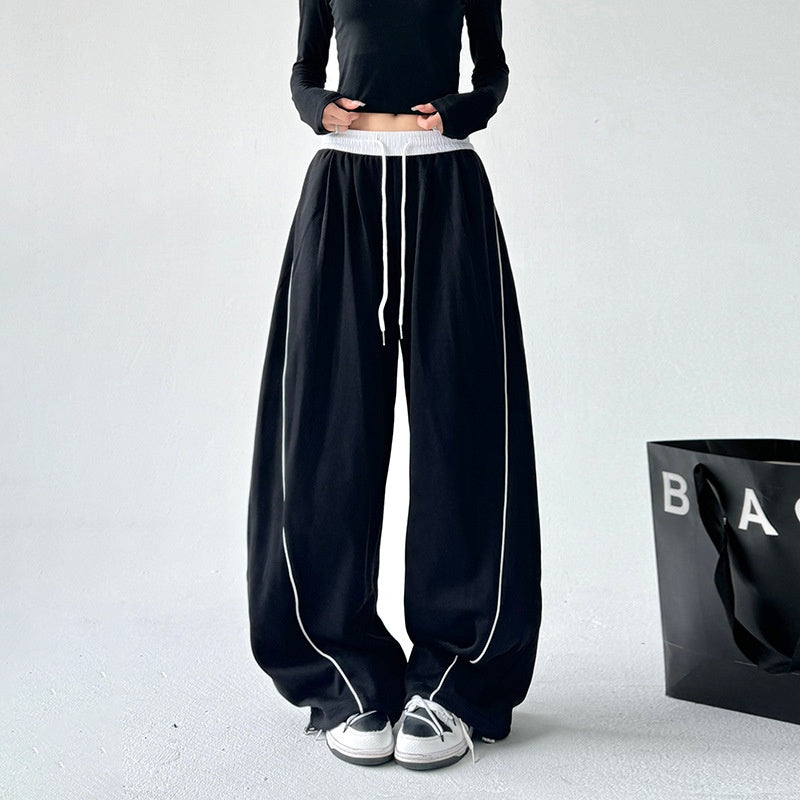 Retro black sports drape wide leg pants