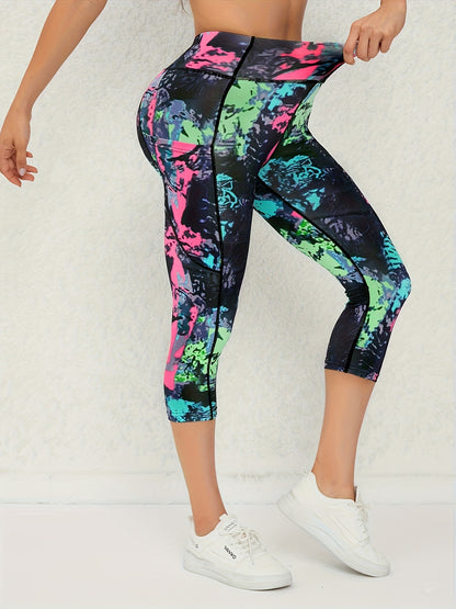 3 Pcs Women's Graffiti Printed Yoga Capris Pants, High Elasticity, Tight Fit, Butt Lifting, Athletic Leggings For Fitness