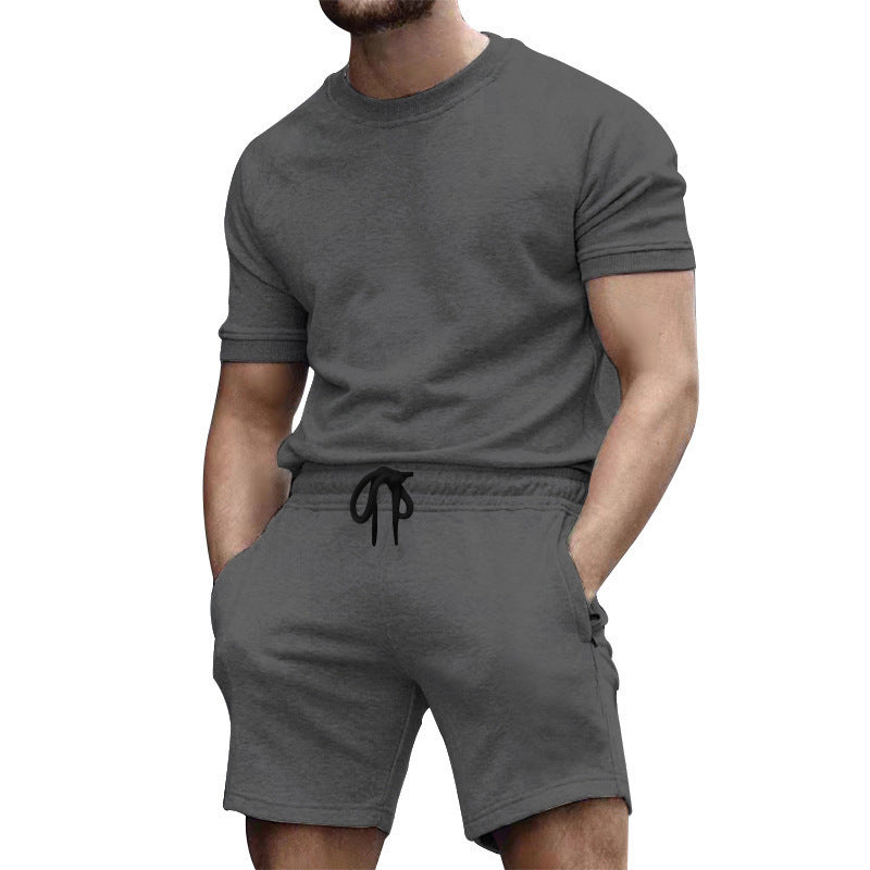 Summer men's short sleeved sports and leisure patchwork round neck fitness suit