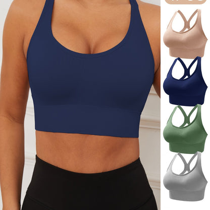 4pcs EssElegance Seamless Sports Bras for Women - Adjustable, Comfortable & Breathable with Crisscross Back Straps, Shockproof Support for Yoga & Workouts in Navy, Beige, Gray, & Green