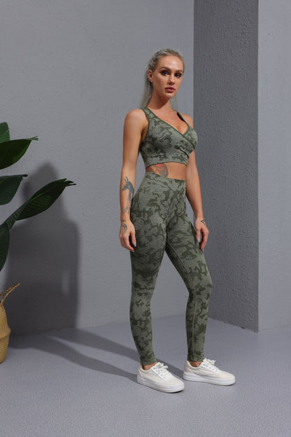 New camouflage seamless cropped pants with tiger pattern fitness pants, yoga suit, bra, and pants set - GabyFit Goods