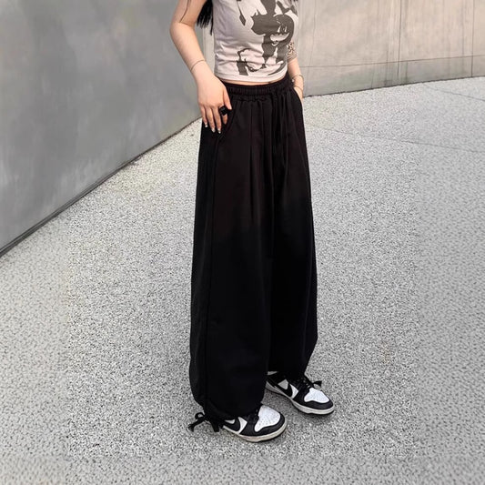 Street High-Waist Drawstring Sweatpants Women Loose Casual Slim Straight Cuff Wide-Leg Floor-Length Sports Trousers
