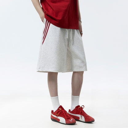 Striped sports shorts embroidered straight leg wide leg five quarter pants