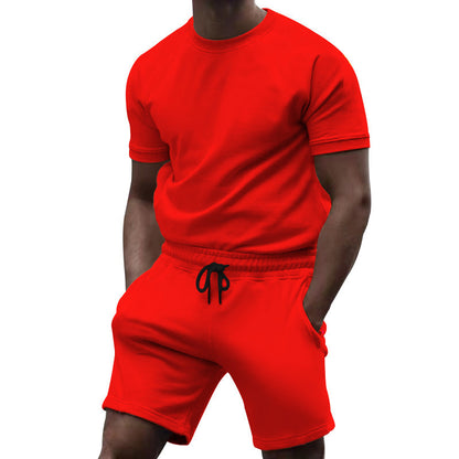 Summer men's short sleeved sports and leisure patchwork round neck fitness suit