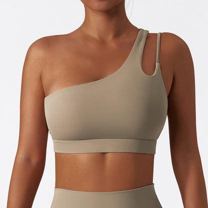 Oblique one-shoulder shock-proof yoga bra, cloud-like beautiful back sports bra, irregular shoulder straps, running fitness vest - GabyFit Goods