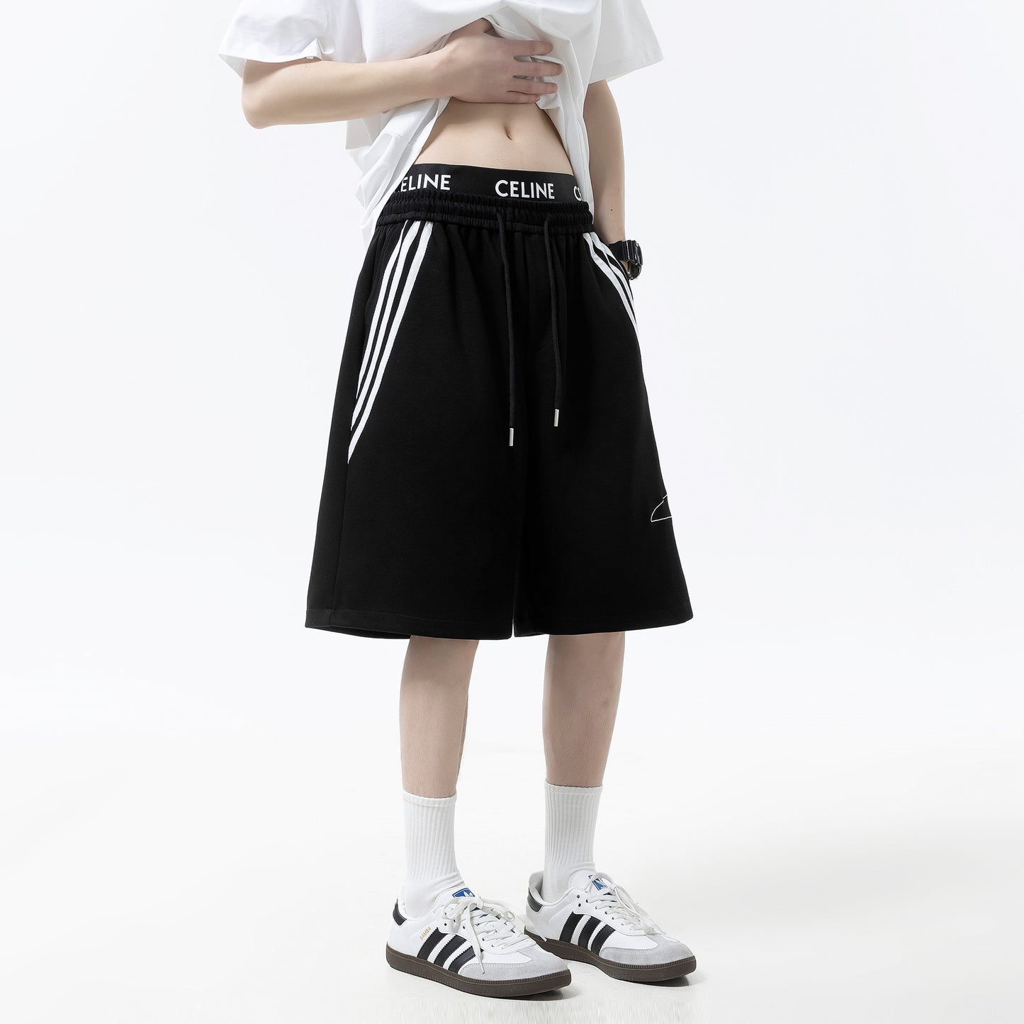 Striped sports shorts embroidered straight leg wide leg five quarter pants