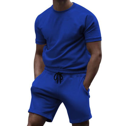 Summer men's short sleeved sports and leisure patchwork round neck fitness suit