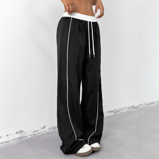 Spring and Summer Fashionable  Style Black Sports Pants for Women, Loose Casual Sweatpants with Vertical Feel Wide Leg Trousers