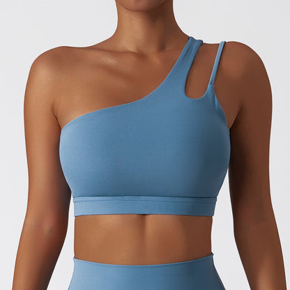 Oblique one-shoulder shock-proof yoga bra, cloud-like beautiful back sports bra, irregular shoulder straps, running fitness vest - GabyFit Goods