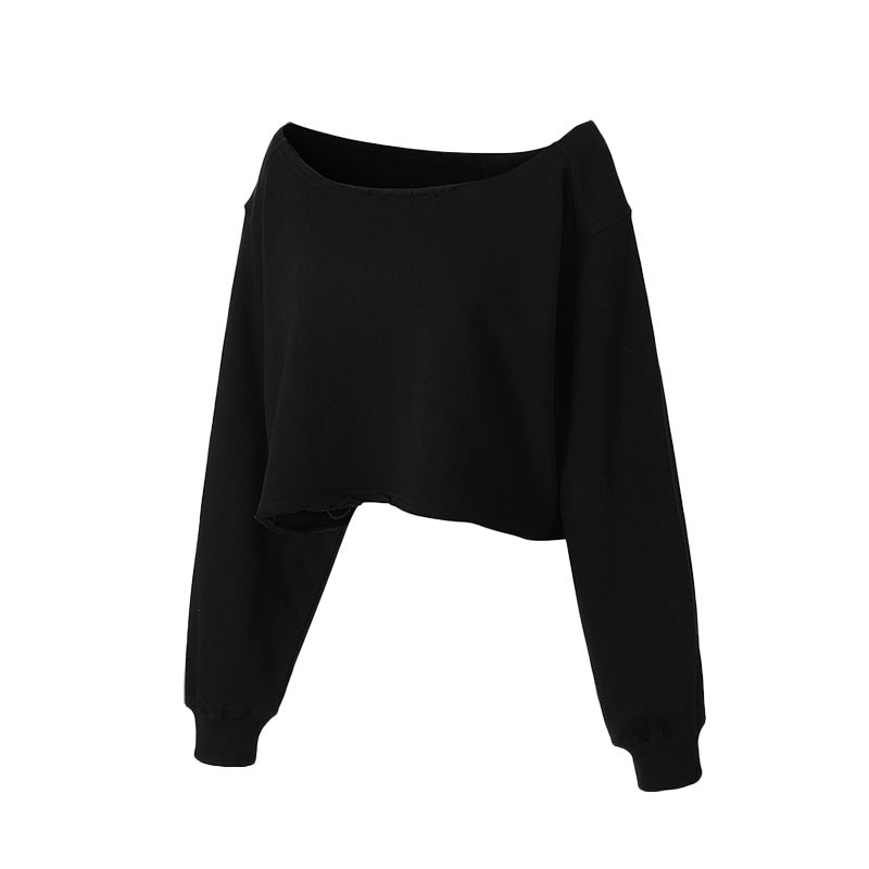 Short Hoodie Unique Design Spring and Autumn Casual One-Shoulder Loose Long Sleeve Sweatshirt Sports Off-the-Shoulder Top