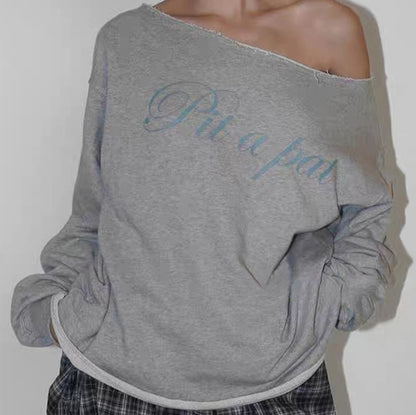 Sports Style Ins  Retro Lazy Off-Shoulder Loose Casual Top Long Sleeve Versatile T-Shirt