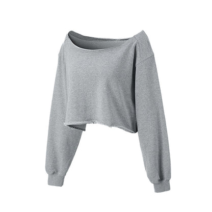 Short Hoodie Unique Design Spring and Autumn Casual One-Shoulder Loose Long Sleeve Sweatshirt Sports Off-the-Shoulder Top