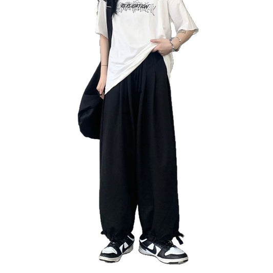 Street High-Waist Drawstring Sweatpants Women Loose Casual Slim Straight Cuff Wide-Leg Floor-Length Sports Trousers