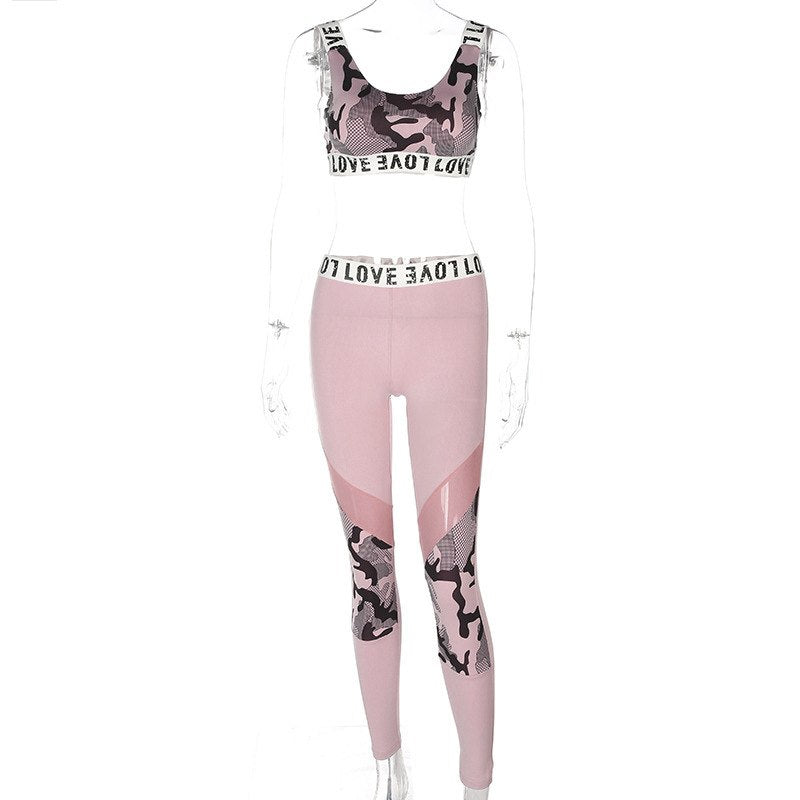 Women's Fitness Suits Pink Crop Tank Top Legging Pants 2 Pieces Set Fashion Female Sexy Camouflage Workout Tracksuit Summer Set - GabyFit Goods