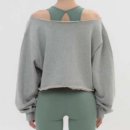 Short Hoodie Unique Design Spring and Autumn Casual One-Shoulder Loose Long Sleeve Sweatshirt Sports Off-the-Shoulder Top