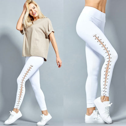 Women High Waist Fitness Leggings Lace Up Black White Solid Trousers