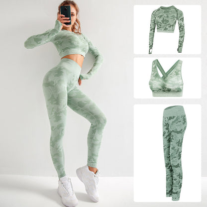 Camouflage 3-piece long sleeved bra pants sports fitness yoga peach hip lifting tight pants set