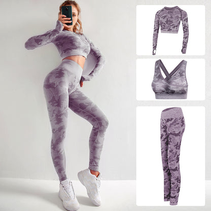 Camouflage 3-piece long sleeved bra pants sports fitness yoga peach hip lifting tight pants set