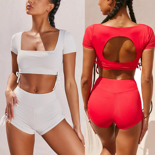 New Square Neck Open Back Sexy Tight Shorts Suit Sports Women's T-Shirt 2 Piece Set - GabyFit Goods