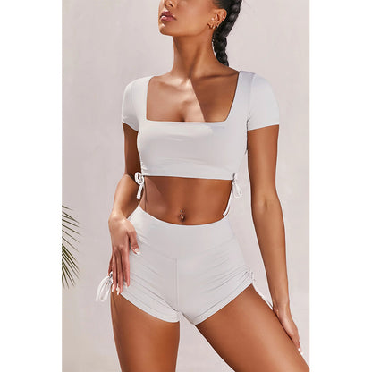 New Square Neck Open Back Sexy Tight Shorts Suit Sports Women's T-Shirt 2 Piece Set - GabyFit Goods