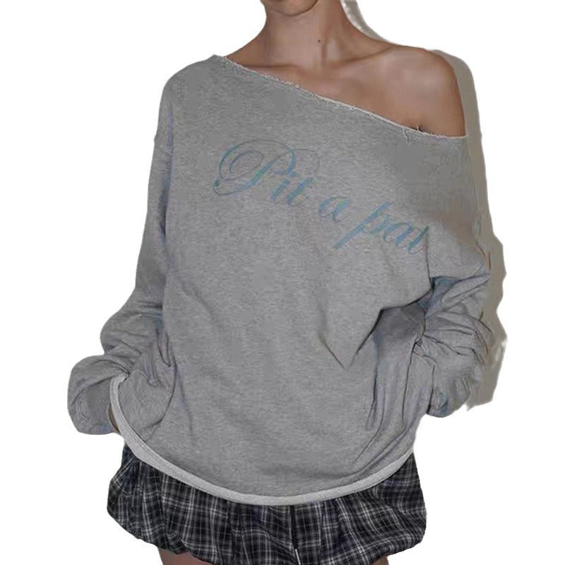 Sports Style Ins  Retro Lazy Off-Shoulder Loose Casual Top Long Sleeve Versatile T-Shirt