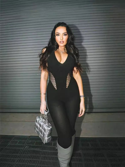 Low neck tight fitting sleeveless hanging neck high waist solid color yoga jumpsuit for women