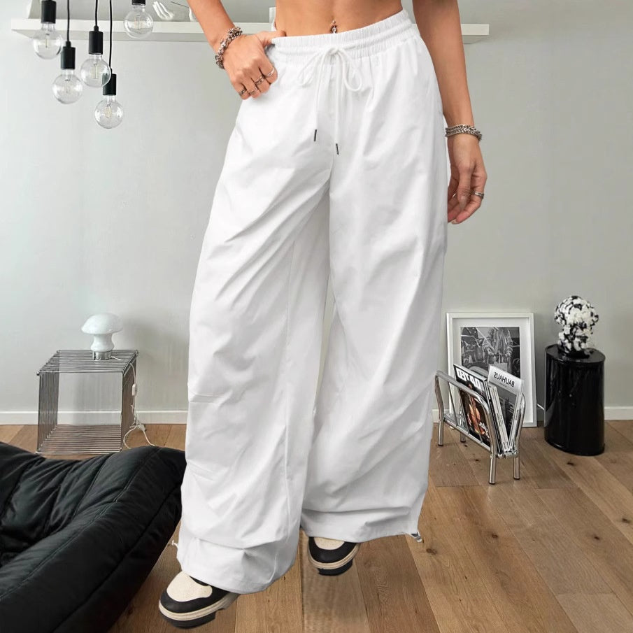Drawstring Design Wide-Leg Sports Pants Women's Spring Straight Loose High-Waist Slim White Casual Pants