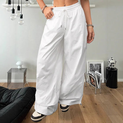 Drawstring Design Wide-Leg Sports Pants Women's Spring Straight Loose High-Waist Slim White Casual Pants