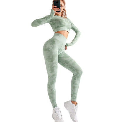 Camouflage 3-piece long sleeved bra pants sports fitness yoga peach hip lifting tight pants set