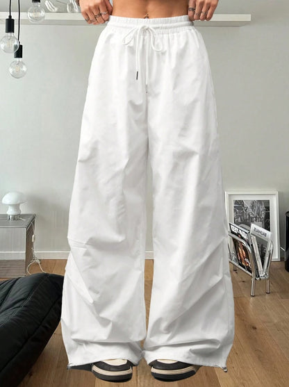 Drawstring Design Wide-Leg Sports Pants Women's Spring Straight Loose High-Waist Slim White Casual Pants