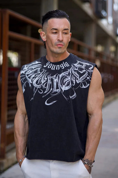 New men's fitness vest, men's casual running training sleeveless T-shirt, trendy printed clothing vest, men's heavyweight cotton