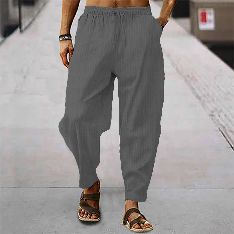 Hip hop male breathable blend cotton stripe loose casual sports calf summer new style trousers