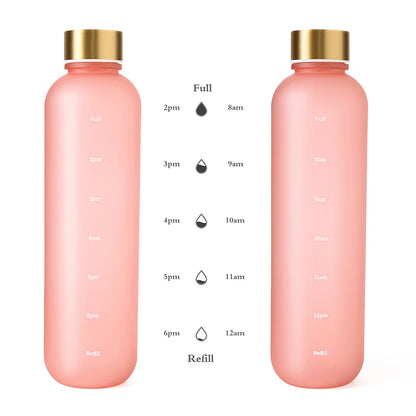 1L Bottle With Time Marker 32 OZ Motivational Reusable Fitness Sports Outdoors Travel Leakproof BPA Free Frosted Plastic - GabyFit Goods