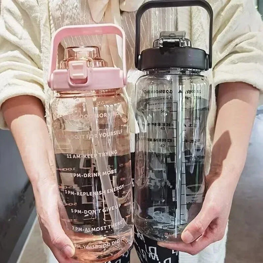 2L Portable Water Bottle with Straw & Time Marker, Large Capacity Plastic Drink Bottle for Outdoor Sports & Fitness - GabyFit Goods