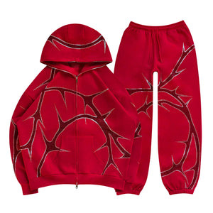 Hip Hop Rhinestone Print Hoodies Pants Suit Men Women Streetwear Fashion Y2k Zipper Hoodie Jacket Gothic Autumn Loose Sweatshirt