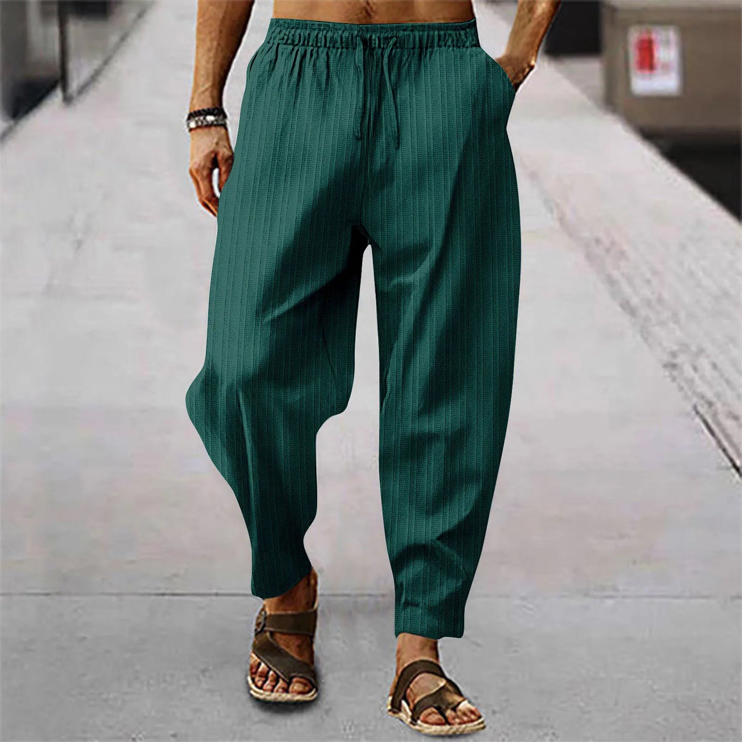 Hip hop male breathable blend cotton stripe loose casual sports calf summer new style trousers