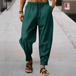 Hip hop male breathable blend cotton stripe loose casual sports calf summer new style trousers