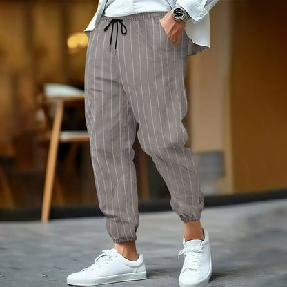 Spring and summer men's fashionable cotton and linen striped casual tapered pants, commuter sports breathable street pants