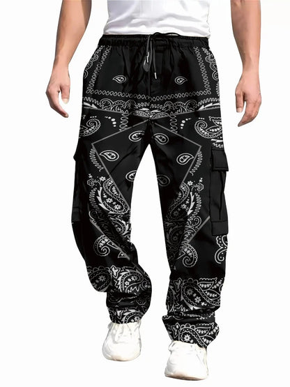 Men's Hip Hop Pocket Overalls Reflective Printed Fashion Street Wear Tracksuit Cargo Pants Bright Summer Fall Trousers